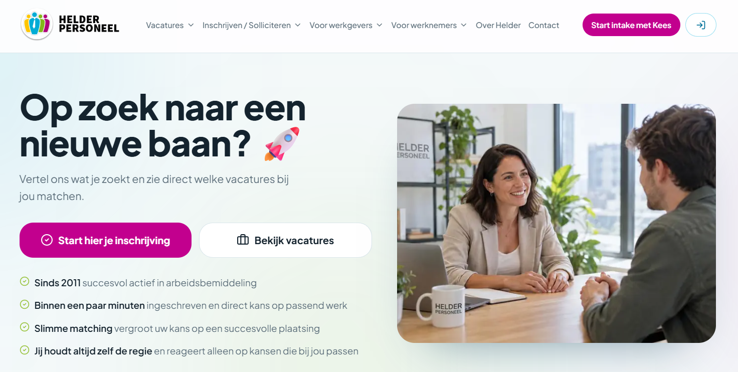 Voorbeeld van de website HelderMatcht.nl: op zoek naar een nieuwe baan?